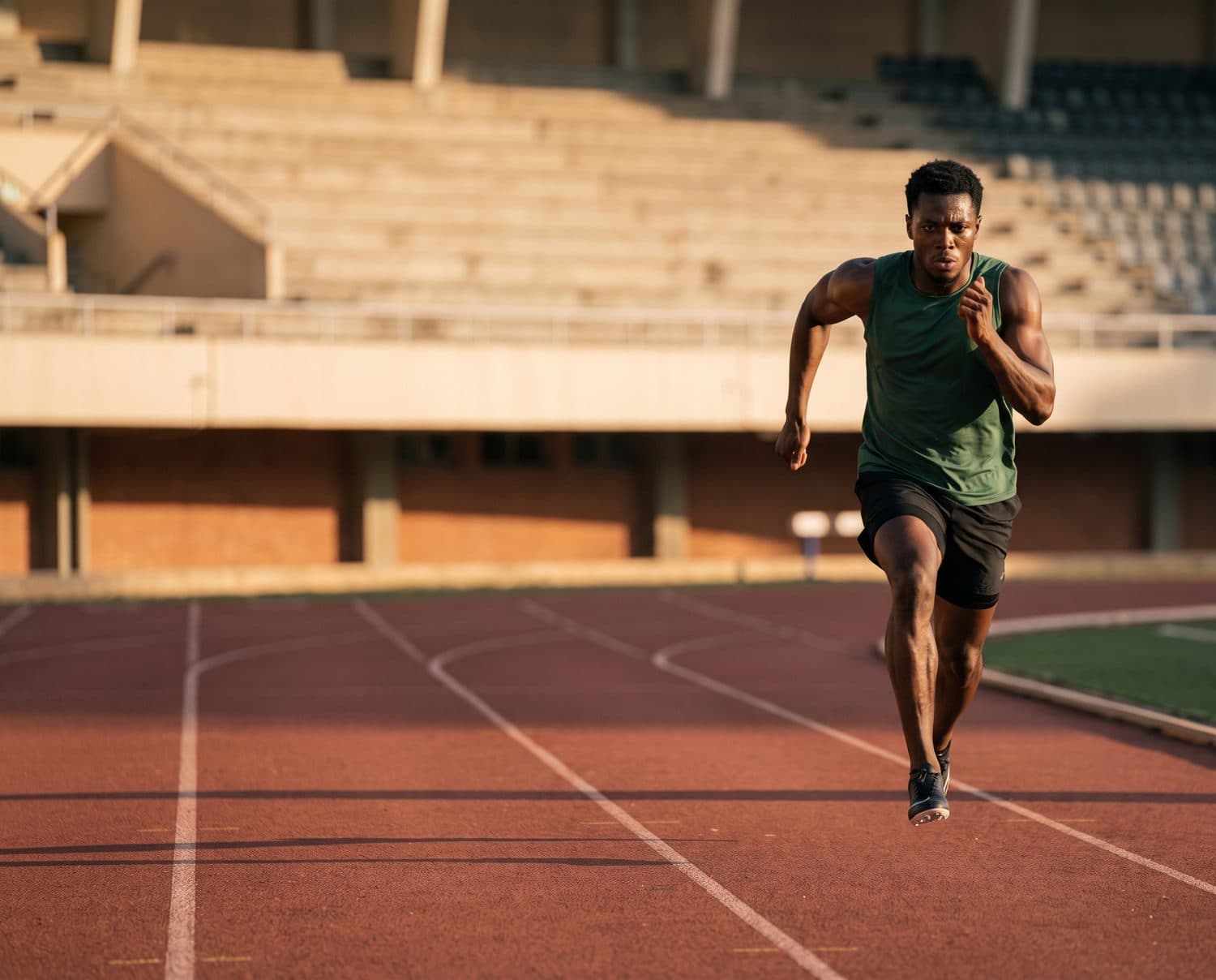 Atleta esprintando por una pista de atletismo a la hora dorada