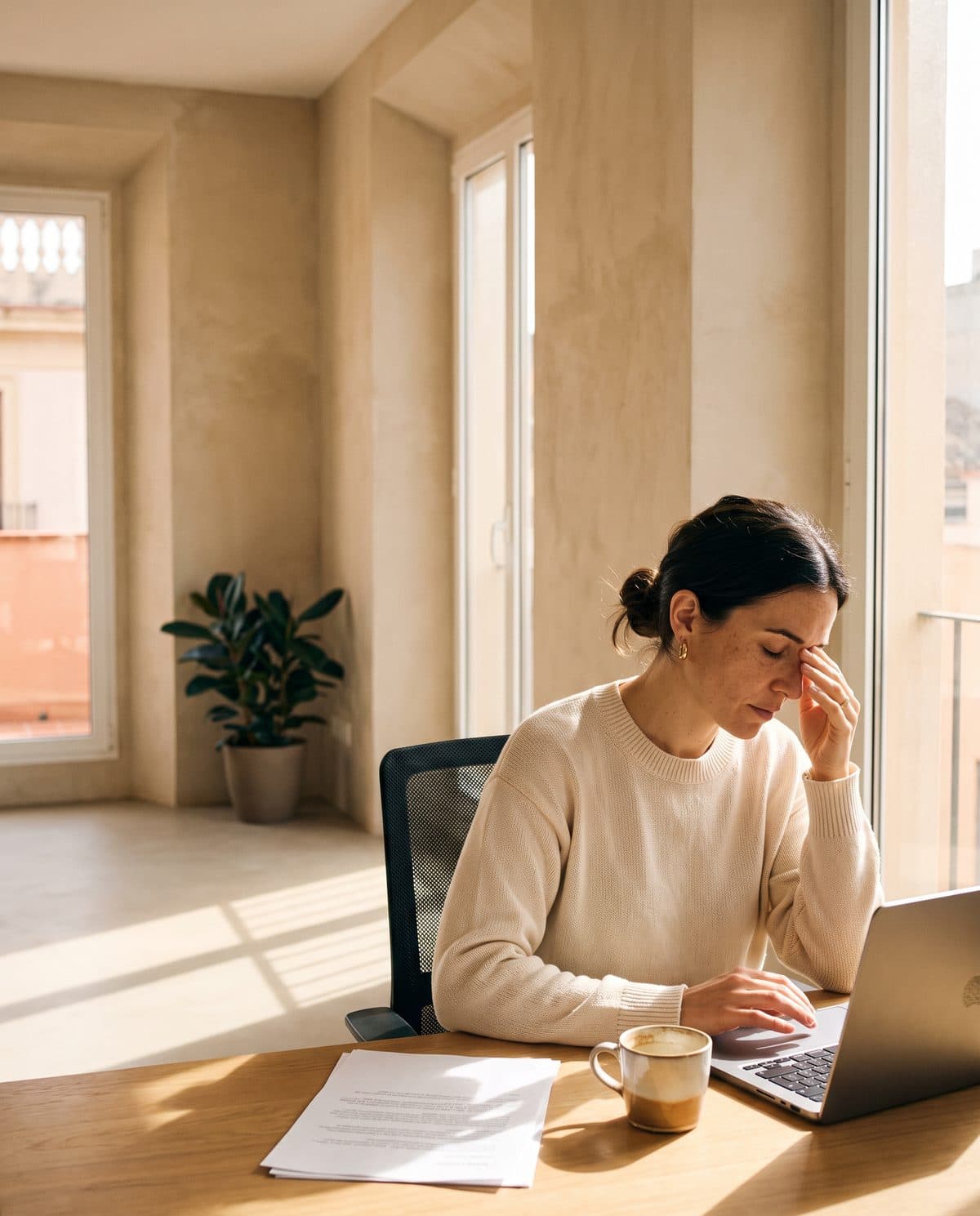 Mujer en su escritorio a media tarde, con gesto cansado