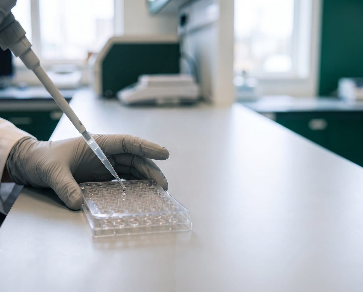 Mano con guante pipeteando una muestra en una placa en el laboratorio