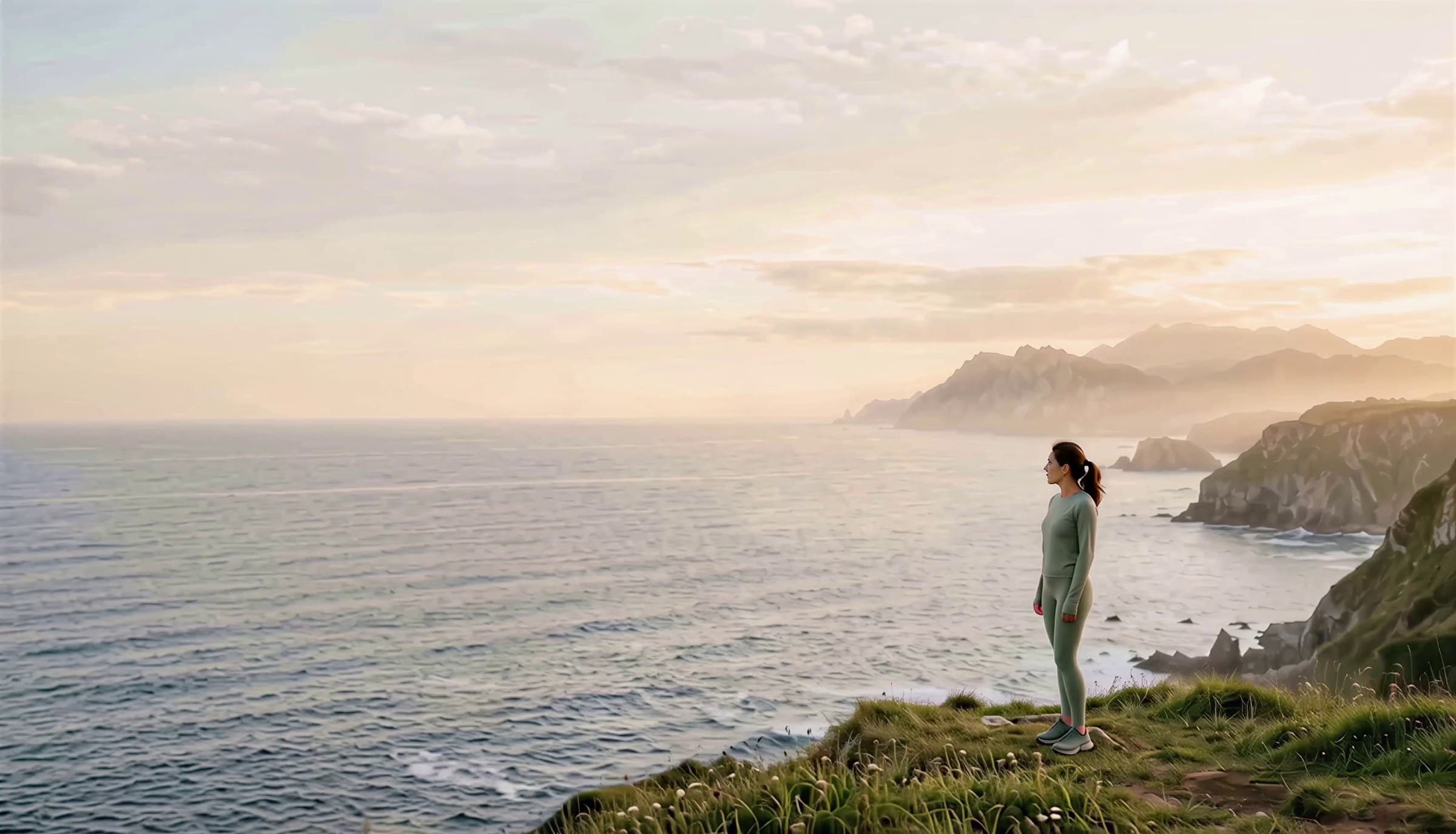 Mujer en ropa de deporte contemplando el mar desde un acantilado al amanecer