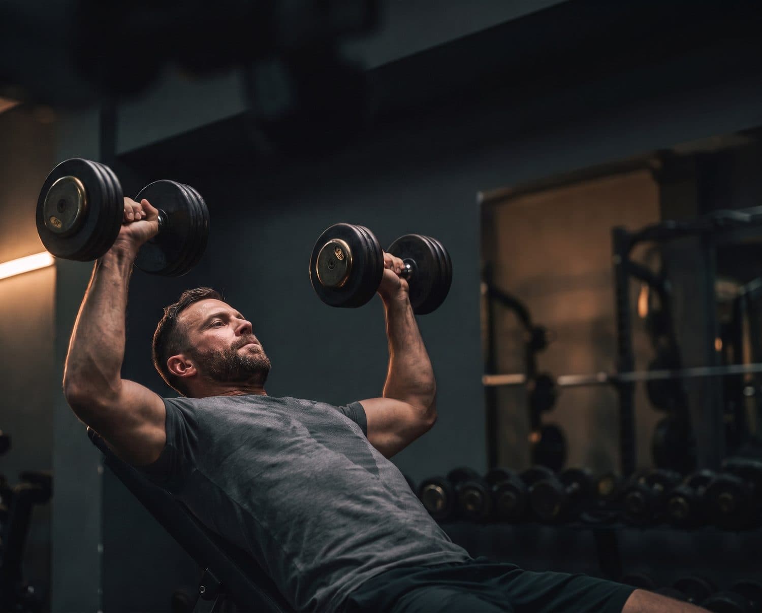 Hombre haciendo press de banca con mancuernas en un gimnasio