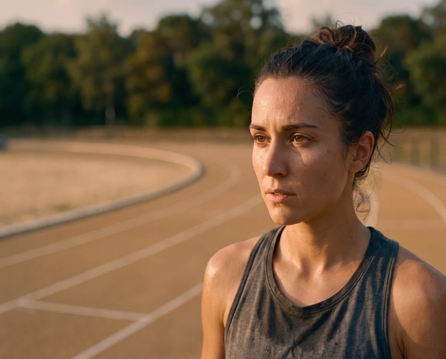 Atleta sudada recuperando el aliento en una pista de atletismo al atardecer